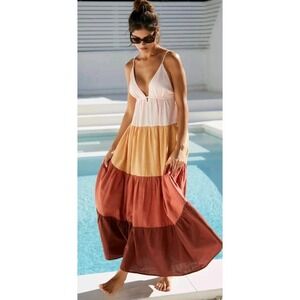 Anthropologie The Raya Colorblock Orange Motif Maxi Dress Small Casual Tiered‎